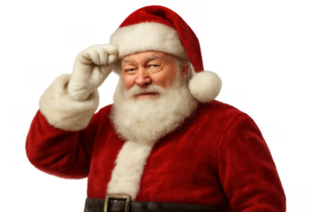 Santa claus wearing his traditional red suit and hat, saluting or greeting, embodying the christmas spirit on transparent background