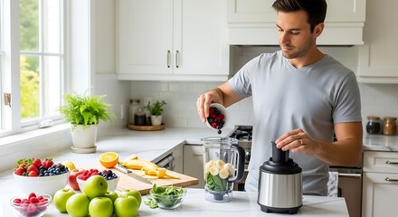 Man preparing a healthy smoothie in a bright kitchen setting.