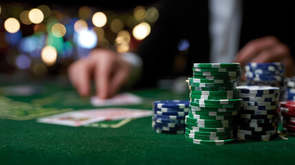 Macro perspective of poker chips stacked next to a hand of cards, green felt surface in sharp detail, blurred silhouettes of opponents creating tension