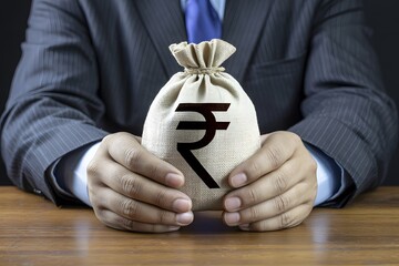 Businessman in formal suit holding money bag with Indian Rupee symbol on wooden table representing finance, savings, investment and wealth.