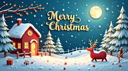 A festive winter village scene featuring a cozy red cottage, glowing windows, snow-covered trees, a playful reindeer, gifts, and a bright full moon in a starry night sky.