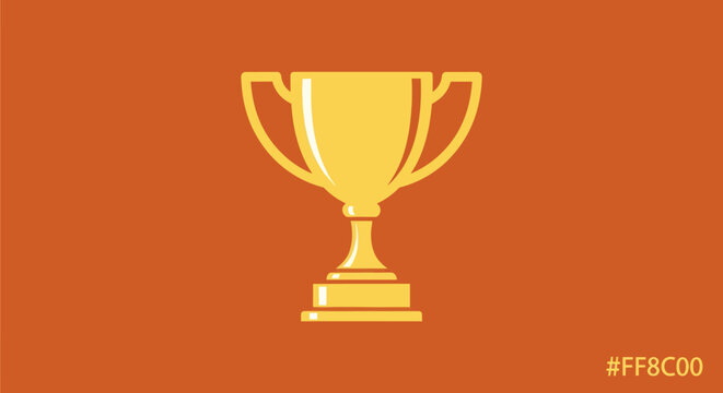 A golden trophy illustration on a burnt orange background, with color code
