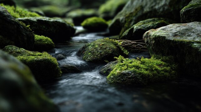 Stream mossy rocks flowing