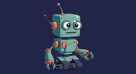 A friendly, pixel-style robot with a box head, antennas, and treads, on a dark blue background