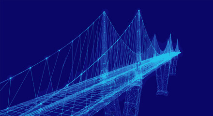 Blue-toned wireframe bridge. Perspective view of a suspension bridge, with dark blue background
