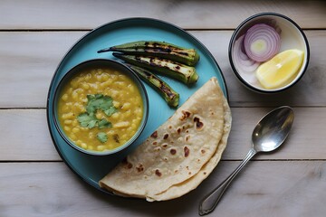 Traditional Indian dal roti meal with grilled okra, onion and lemon slices served on wooden table, authentic vegetarian cuisine plate.