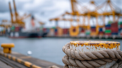 Obraz premium Macro shot of a dockside bollard covered in peeling paint and rust, thick rope coiled around it, with out-of-focus port containers and cranes behind
