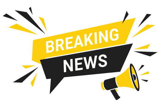 Breaking news announcement isolated on white background with a megaphone and yellow and black design for urgent updates and important information