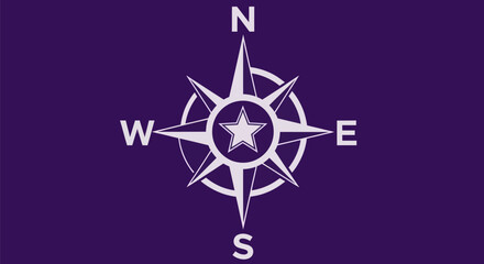 Obraz premium A white compass rose with a star center on a purple background. North, East, West, South are marked