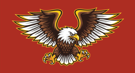 Stylized, detailed eagle illustration with outstretched wings, talons, and stern expression on red