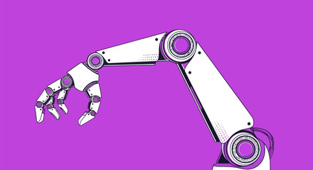 A white robotic arm with articulated joints and a gripper on a purple background