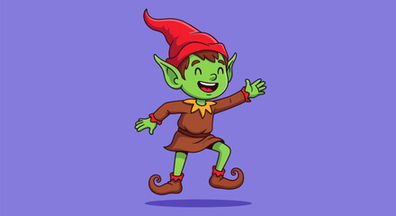 A cheerful green cartoon elf in a red hat and brown outfit, jumping on a purple background