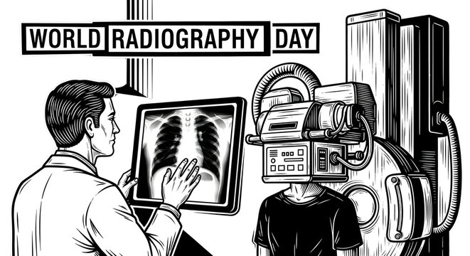 World radiography day celebration with a medical professional examining an x ray - Powered by Adobe