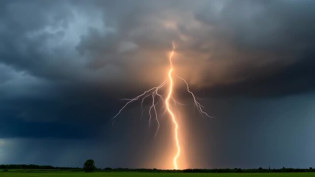 Dramatic lightning strike against a dark, stormy sky over a flat landscape