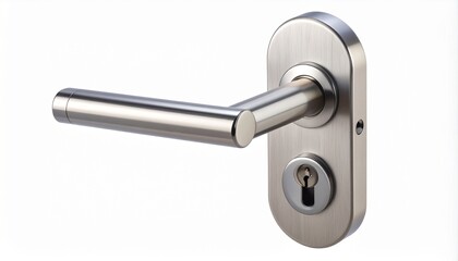 Modern Stainless Steel Door Handle and Lock on White Background