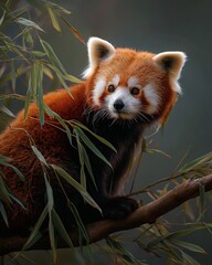Obraz premium A red panda perched gracefully on a branch amidst lush green leaves.
