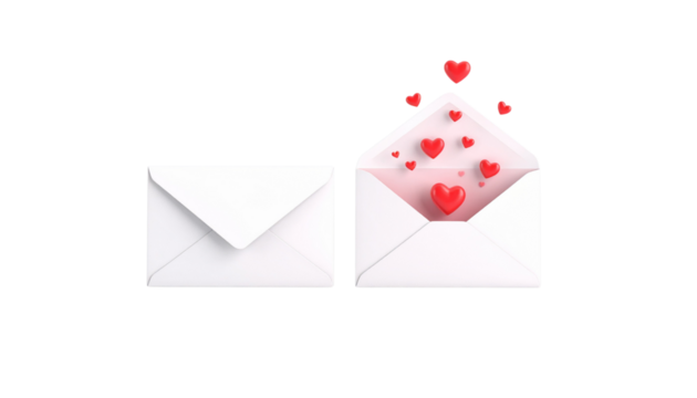 3D Romantic Envelope Pair with Floating Hearts isolated on transparent background