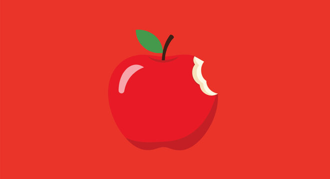A simple graphic of a red apple with a bite taken out, on a red background