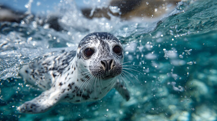 Obraz premium Side view of a harbor seal pup swimming near the surface, turquoise water reflecting sky and sunlight, playful motion captured in vivid detail