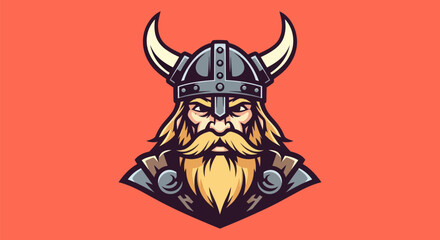 A stylized illustration of a Viking warrior with a helmet and large horns on a red background