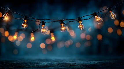 String of festive, round, glowing lights with a subtle lens flare against a dark blue background, with a beautiful, dreamy bokeh effect in the distance.
