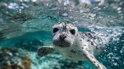 Obraz premium Underwater close-up of seal pup paddling with flippers, bubbles rising, and sunlight filtering through the vivid turquoise ocean