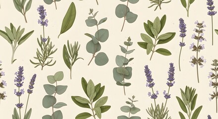 Hand-Drawn Botanical Pattern with Herbal Leaves and Lavender Sprigs