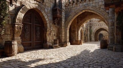 Obraz premium Historic Medieval Castle Courtyard with Arched Passageways and Sunlit Cobblestones