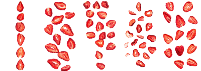 Dried strawberry slices falling, dehydrating red fruit, healthy dieting snack, food ingredient on transparent background