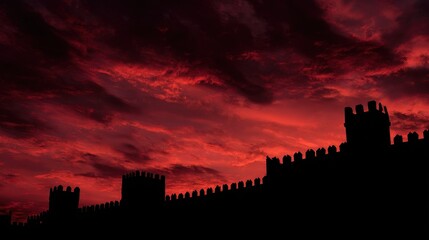 Obraz premium Extensive medieval castle battlements silhouetted against a dramatic crimson sunset sky.