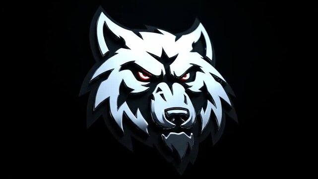 A detailed chrome wolf head with glowing red eyes. 3D render