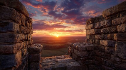 Vibrant Fiery Sunset View Through Castle Battlements Over Rolling Hills