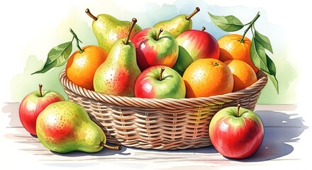 Basket of Fresh Fruits - Apples, Pears, and Oranges.