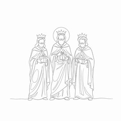 Obraz premium Three kings outline illustration depicting regal figures wearing crowns and cloaks, each holding a gift. These regal kings symbolize celebration and gratitude in holiday festivities,