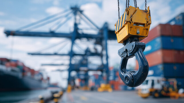 Side-angle close-up of crane hook suspended above stacked shipping containers, industrial machinery and dock activity in soft focus under bright sky