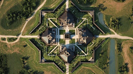 Obraz premium Unique bird's eye view of a modern symmetrical complex with gardens.