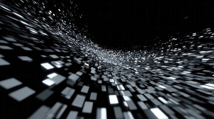 Abstract flow of shimmering geometric particles receding into darkness