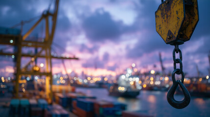 Tight close-up of crane hook and container attachment, dusk colors highlighting textures of metal and paint, silhouettes of other cranes and ships softly out of focus