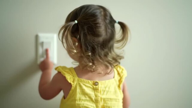 A toddler in a yellow dress turns on a light switch
