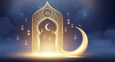 Fototapeta premium A glowing crescent moon and ornate Islamic archway illuminated by a bright light, set against a starry night sky with hanging lanterns.