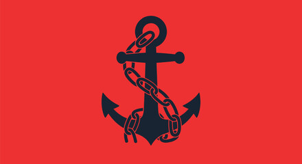 A dark blue anchor with a chain rests on a red background. Simple nautical design