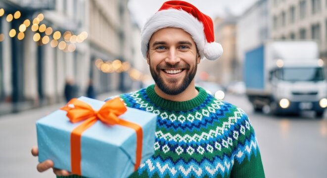 Happy man in Santa hat and festive sweater presenting a Christmas gift box on a blurred urban background