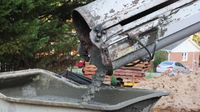 Wet cement coming down cement truck chute into wheelbarrow track concrete buggy at construction site