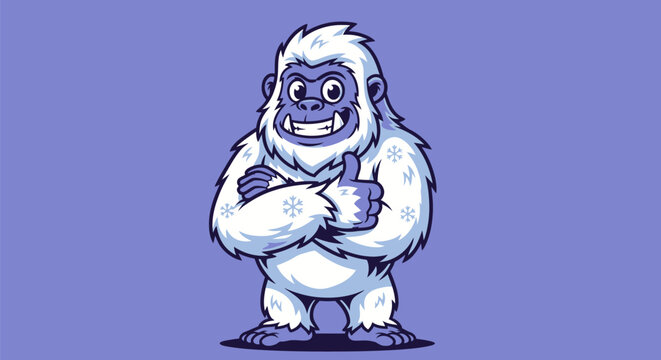 A cartoon yeti with a thumbs-up gesture, smiling, snowflakes, and arms crossed