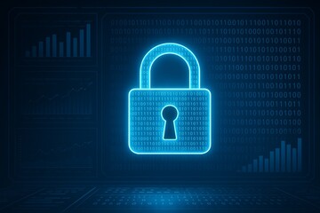 Padlock icon over virtual dashboard interface with binary digits and bar charts Cybersecurity and digital data protection technology concept