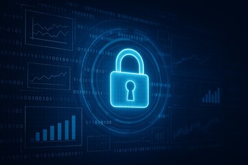 Padlock icon over virtual dashboard interface with binary digits and bar charts Cybersecurity and digital data protection technology concept