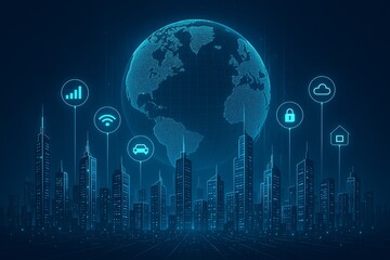 Smart city technology with hologram globe overlay Futuristic architecture innovation and digital city design