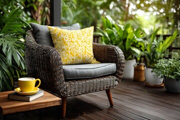 Inviting shot of a comfortable wicker armchair with a yellow patterned cushion on a wooden patio, with a novel and steaming tea on a nearby side table.