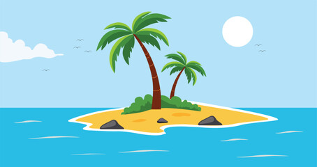Summer Beach Tropical Island with Palm Trees in the Sea Vector Illustration.