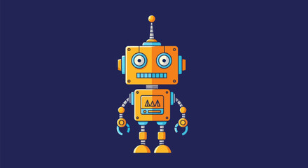 An orange and blue robot character with a boxy head and body, on a dark blue background